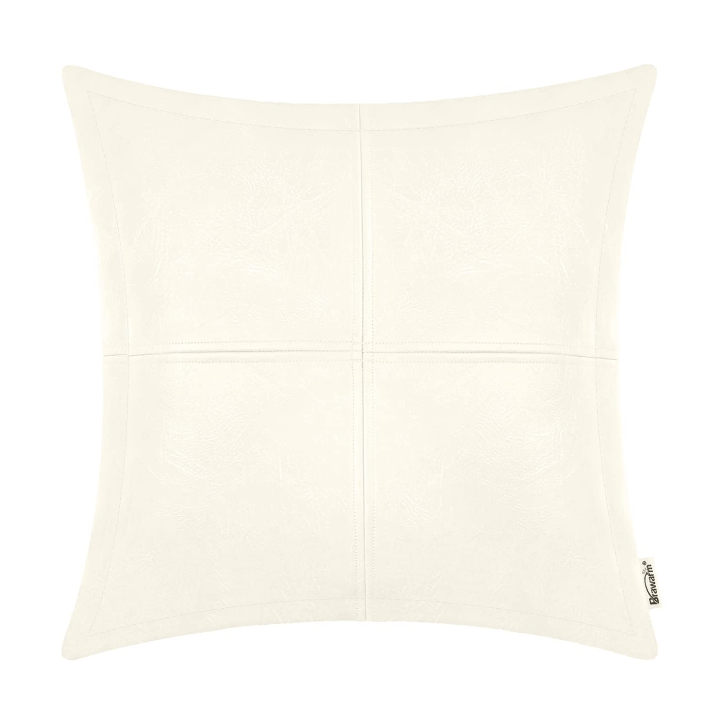 Brawarm Cream Leather Throw Pillow 22 X 22 Inches, Faux Leather Pillow Cover With Piping, Hand Stitched Leather Decorative Throw