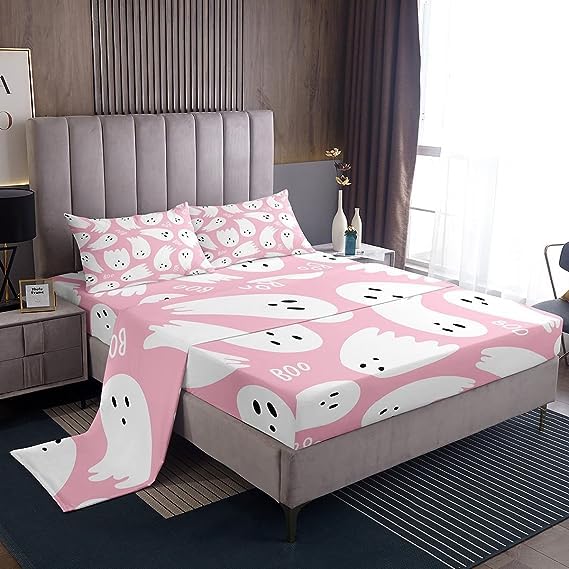 Happy Halloween Theme Fitted Sheet Set King Size 4 Pcs,Pink White Watercolor Print Girls Sheets,Cute Ghost Cartoon Style Bedding