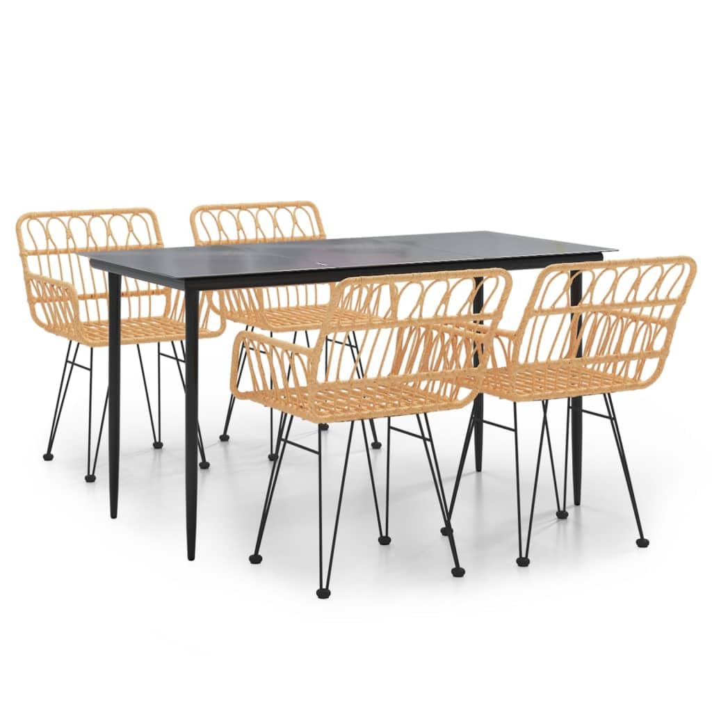 vidaXL 5-Piece Dining Set for Patio with PE Rattan, Steel Frame and Tempered Glass Tabletop – Comfortable Chairs with Backrest and Armrests – Includes Practical Footpads