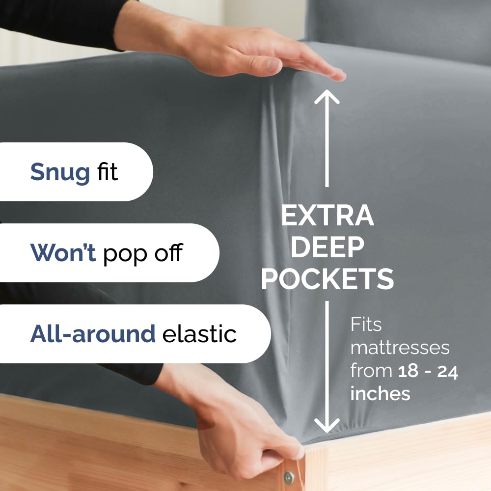 Extra Deep Pocket Cal King Sheets - 4 Piece Breathable & Cooling Bed Sheets - Hotel Luxury Sheet Set - Soft, Wrinkle Free & Comfy - Easily Fits Extra Deep Mattresses - Deep Pocket Steel Blue Sheets