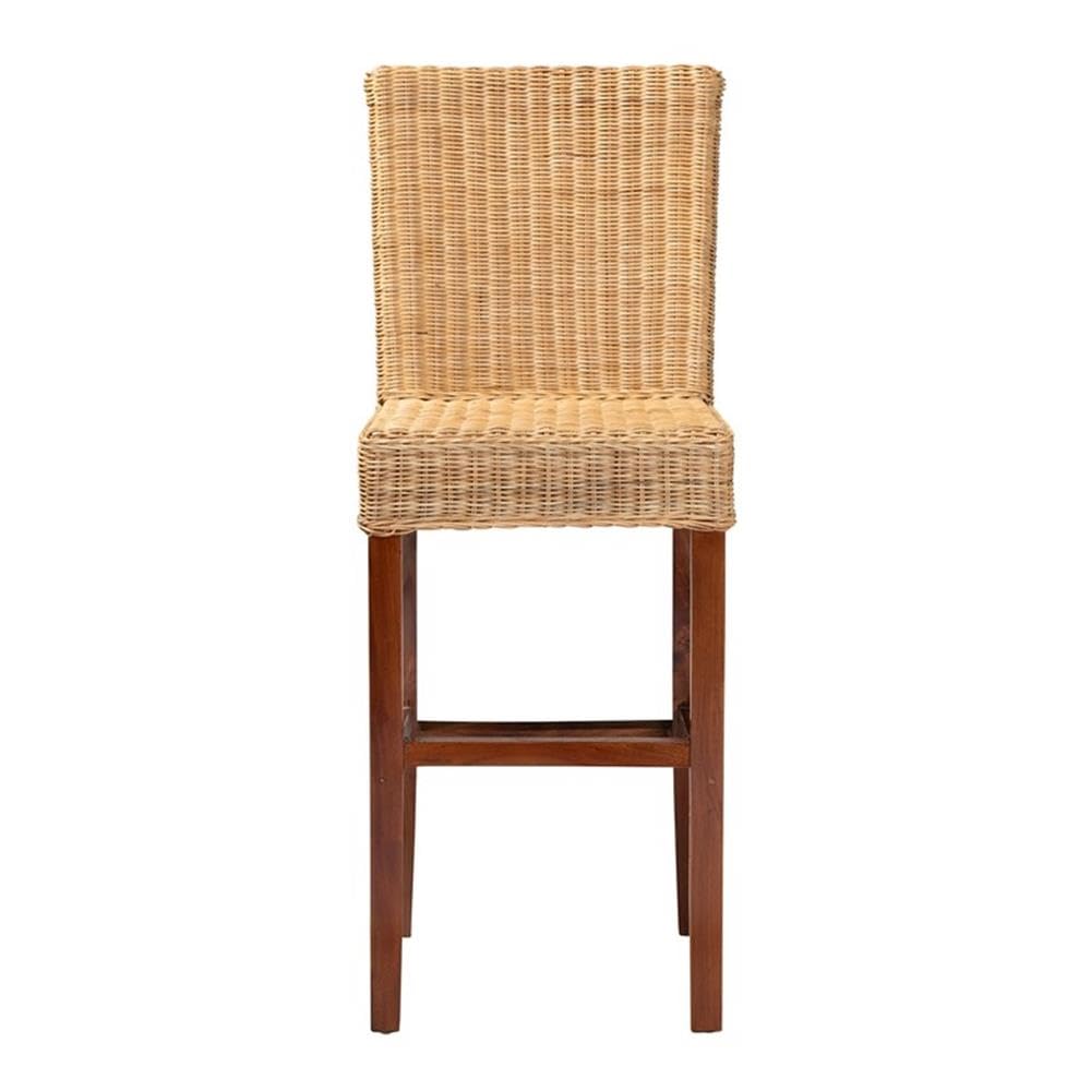 Baxton Studio Racquel Modern Bohemian Natural Rattan and Mahogany Wood Bar Stool