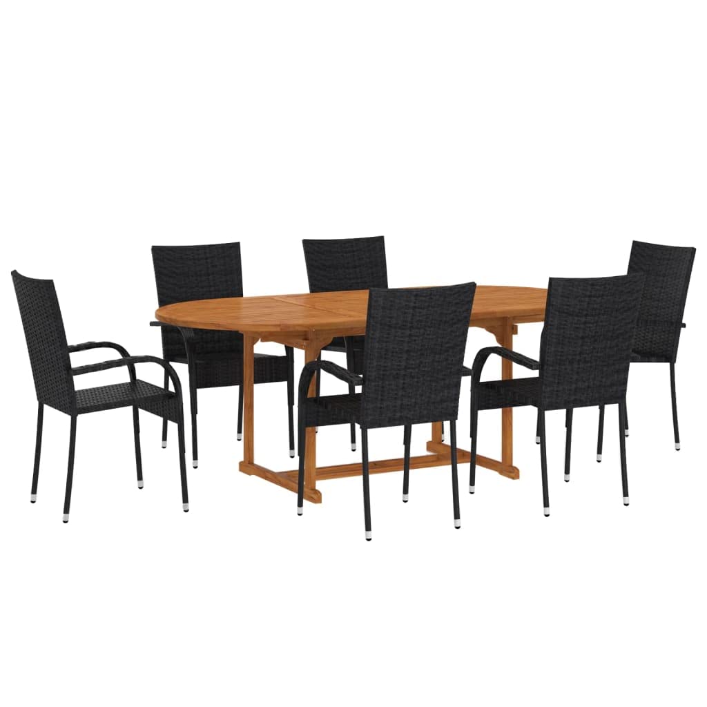 vidaXL 7 Piece Patio Dining Set - Black Poly Rattan Dining Chairs and Solid Acacia Wood Table - Easy to Assemble - Stackable Chairs for Space-Saving Storage