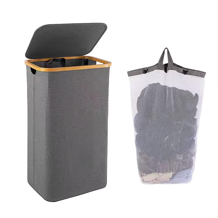KIMY HOME Laundry Bag Basket 100L With Bamboo Handle And Lid, Foldable, Large Size, Clothes Basket Organizer, With Cloth Inner B
