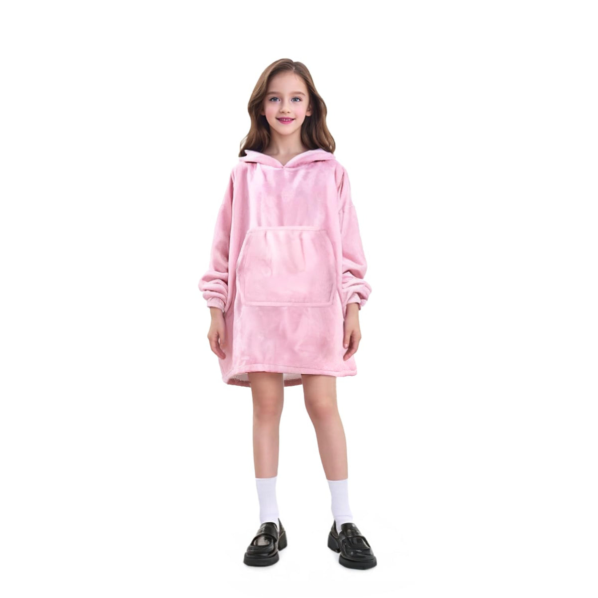 Markdang Wearable Blanket Hoodie For Kids Comfy Pink Sherpa Hooded Oversize Sweatshirt Blanket For Girls (Kids 6-10 Year(72Cm))