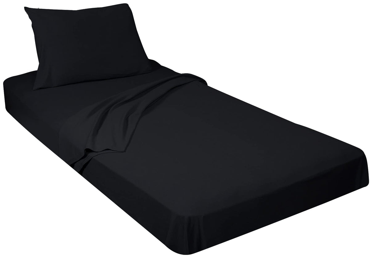 Gilbins 100% Combed T-Shirt Cotton Jersey Knit Camp Sheet Set, 1 Fitted Cot Sheet, 1 Flat Sheet, 1 Standard Pillow Case Black