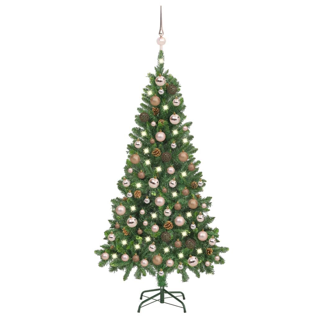 Vidaxl Artificial Christmas Tree - 59.1” Heavy Dense Green Pine With Led Lights, Rose Gold Balls, Pine Cone Decorations, Iron Base - Energy Efficient, Economical & Reusable Festive Decor