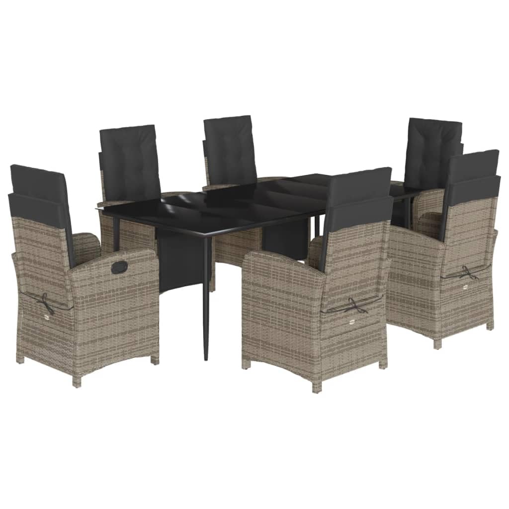 vidaXL 7 Piece Patio Dining Set - Grey PE Rattan & Tempered Glass Table - Reclining Chairs w/Removable Cushions