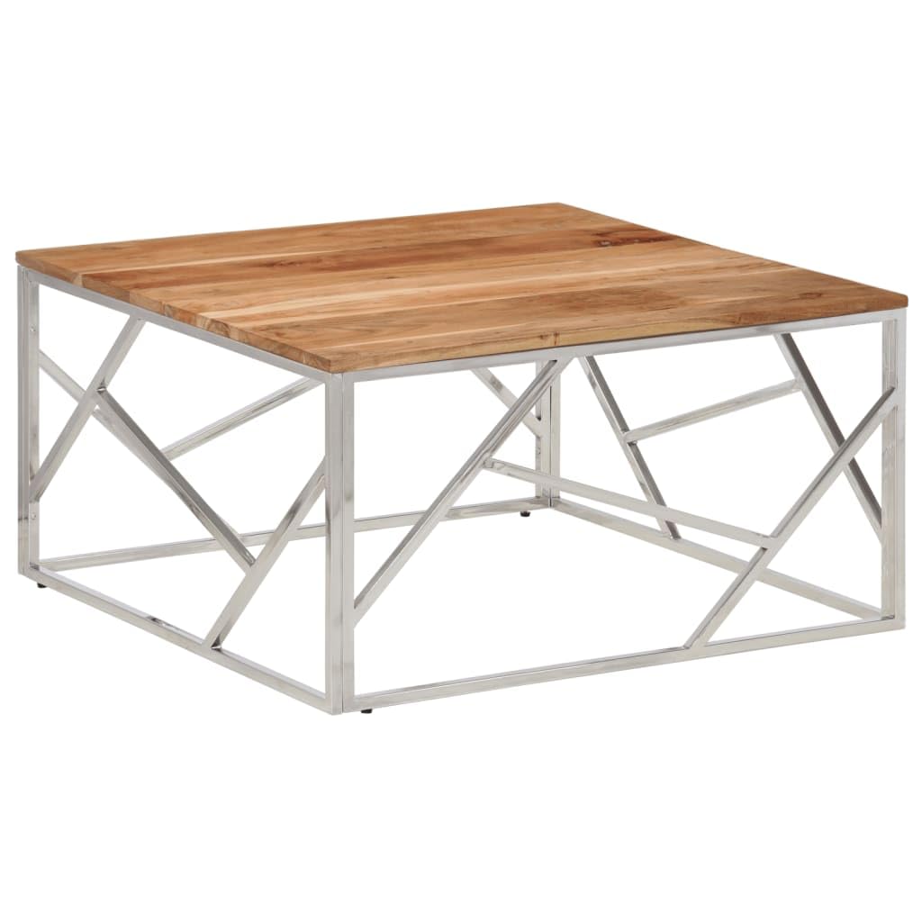 vidaXL Square Coffee Table Desk - Acacia Wood & Stainless Steel, 31.5"x31.5"x15.7", Silver Frame, Modern Design, Assembly Required