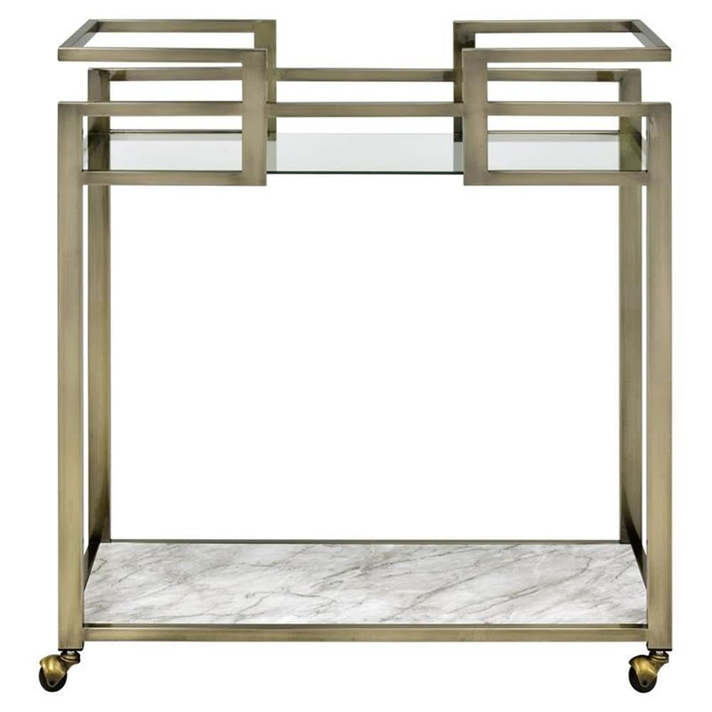 Acme Neilo Metal Frame Serving Cart with Glass Top Shelf in Clear and Wire Brass
