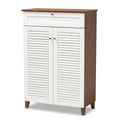 Baxton Studio Coolidge White and Walnut 5-Shelf Wood Shoe Cabinet with Drawer