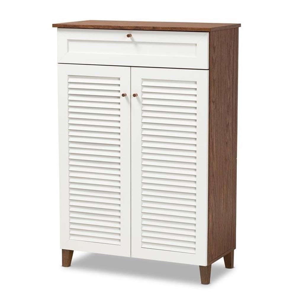 Baxton Studio Coolidge White And Walnut 5-Shelf Wood Shoe Cabinet With Drawer