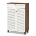 Baxton Studio Coolidge White and Walnut 5-Shelf Wood Shoe Cabinet with Drawer