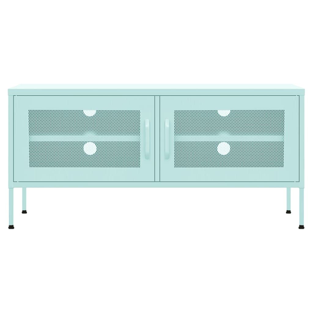 vidaXL Industrial Steel TV Stand/Cabinet in Mint Green - Durable, Practical Design, 41.3x13.8x19.7 inches, Mesh Doors, Internal Shelf, Cable Management System, Height Adjustable