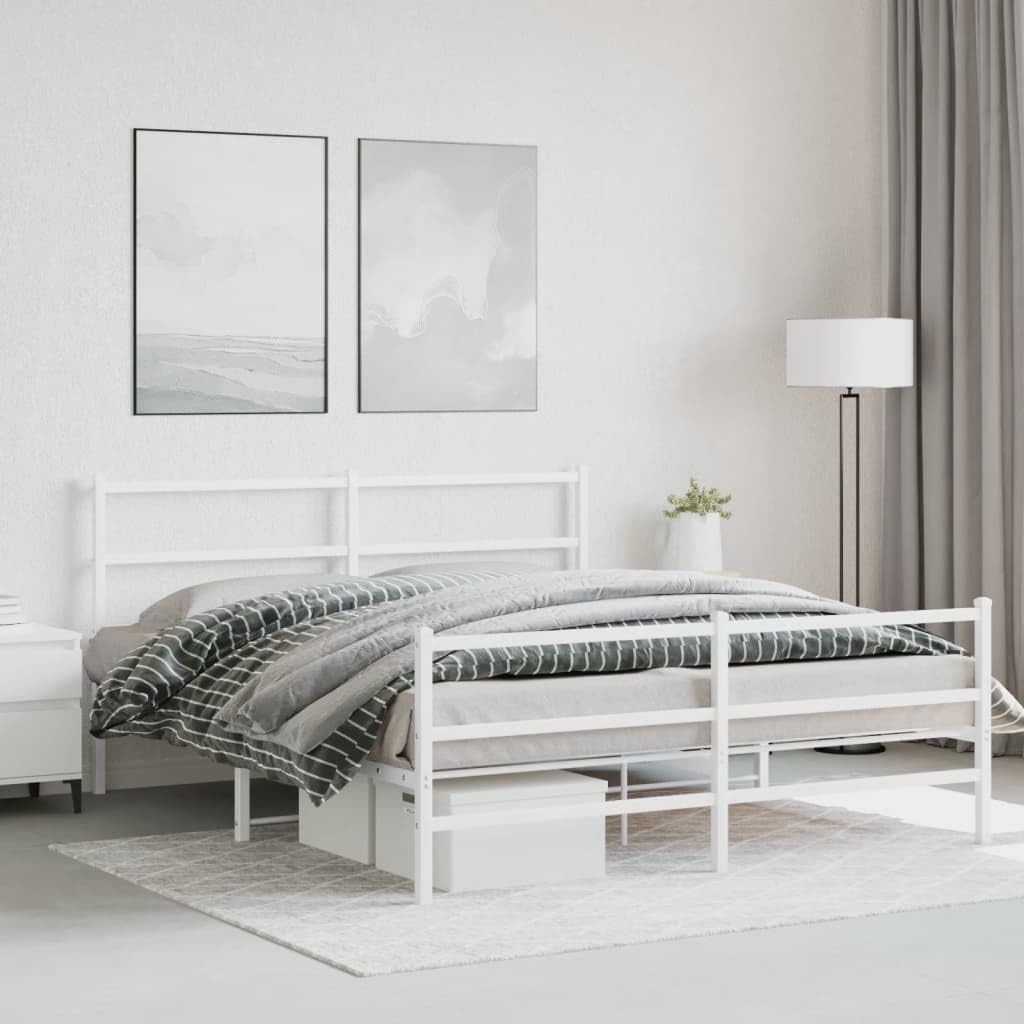 vidaXL White Metal Bed Frame with Headboard/Footboard - Steel Double Bed for Bedroom/Guest Room, 59.1x78.7 Mattress Size