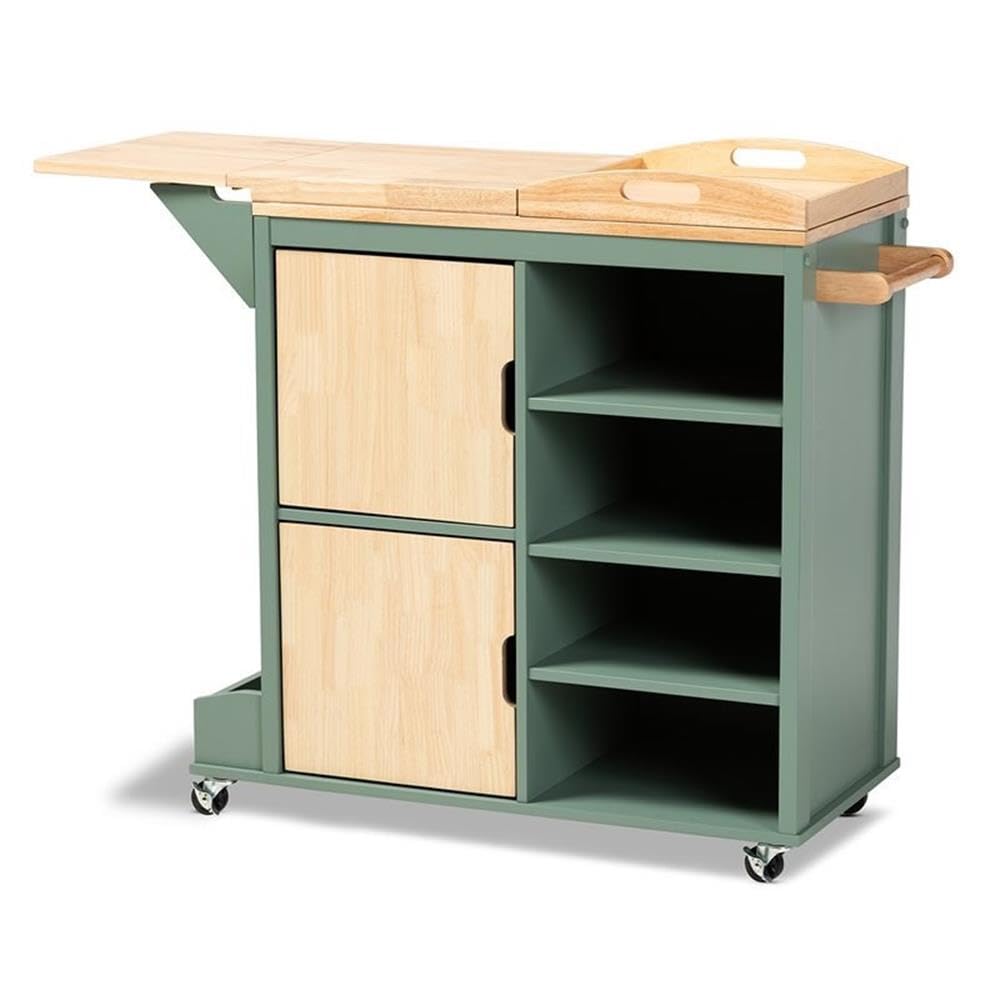 Baxton Studio Dorthy Two-Tone Dark Green and Natural Wood Kitchen Cart