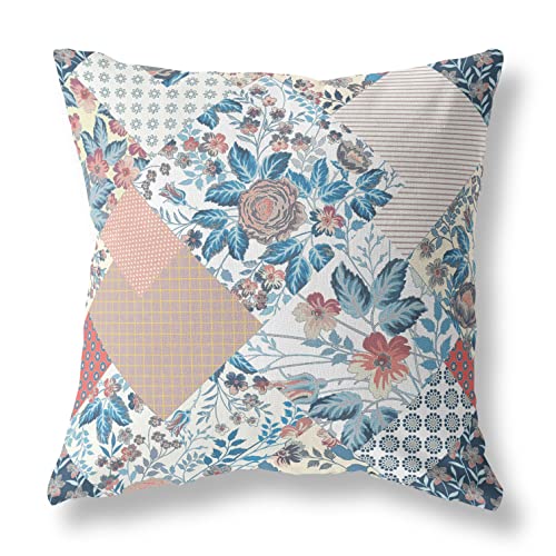 HomeRoots White Blue Red Broadcloth White Blue Floral Indoor Outdoor Throw Pillow