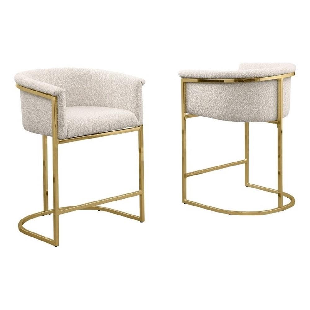 Best Quality Furniture Set Of 2 Modern Boucle Fabric Accent Bar Stools - Barrel Design, Chrome Legs, Cream, Gold Leg Finish
