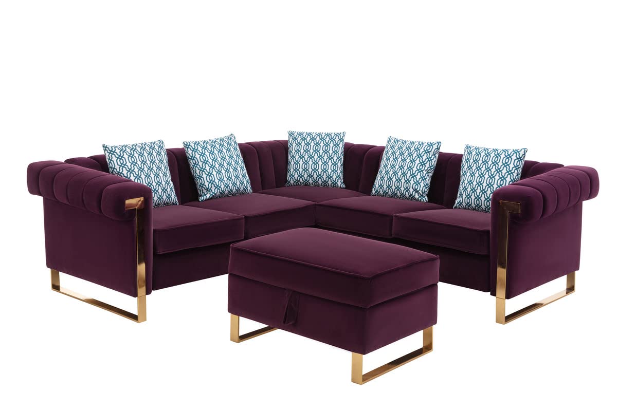 Lilola Home Maddie Purple Velvet 5-Seater Sectional Sofa with Storage Ottoman