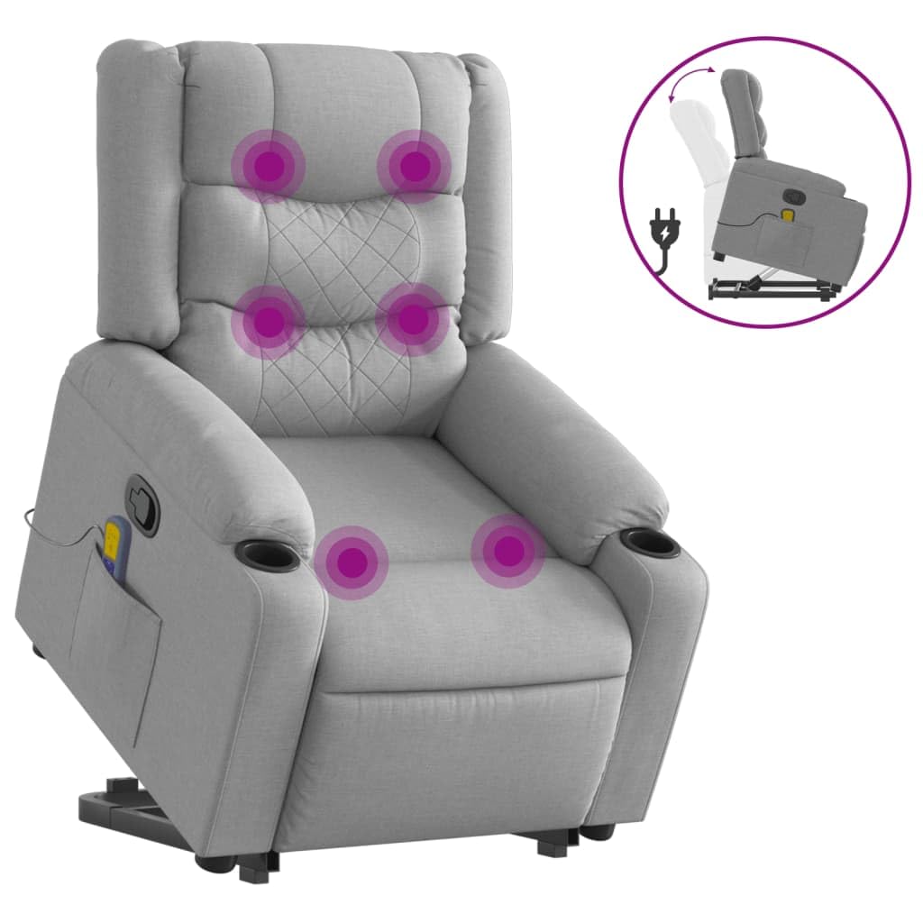 vidaXL Light Gray Stand up Massage Recliner Chair - Fabric Power Lift Armchair for Elderly, Manual Recline, Vibration Massage, C