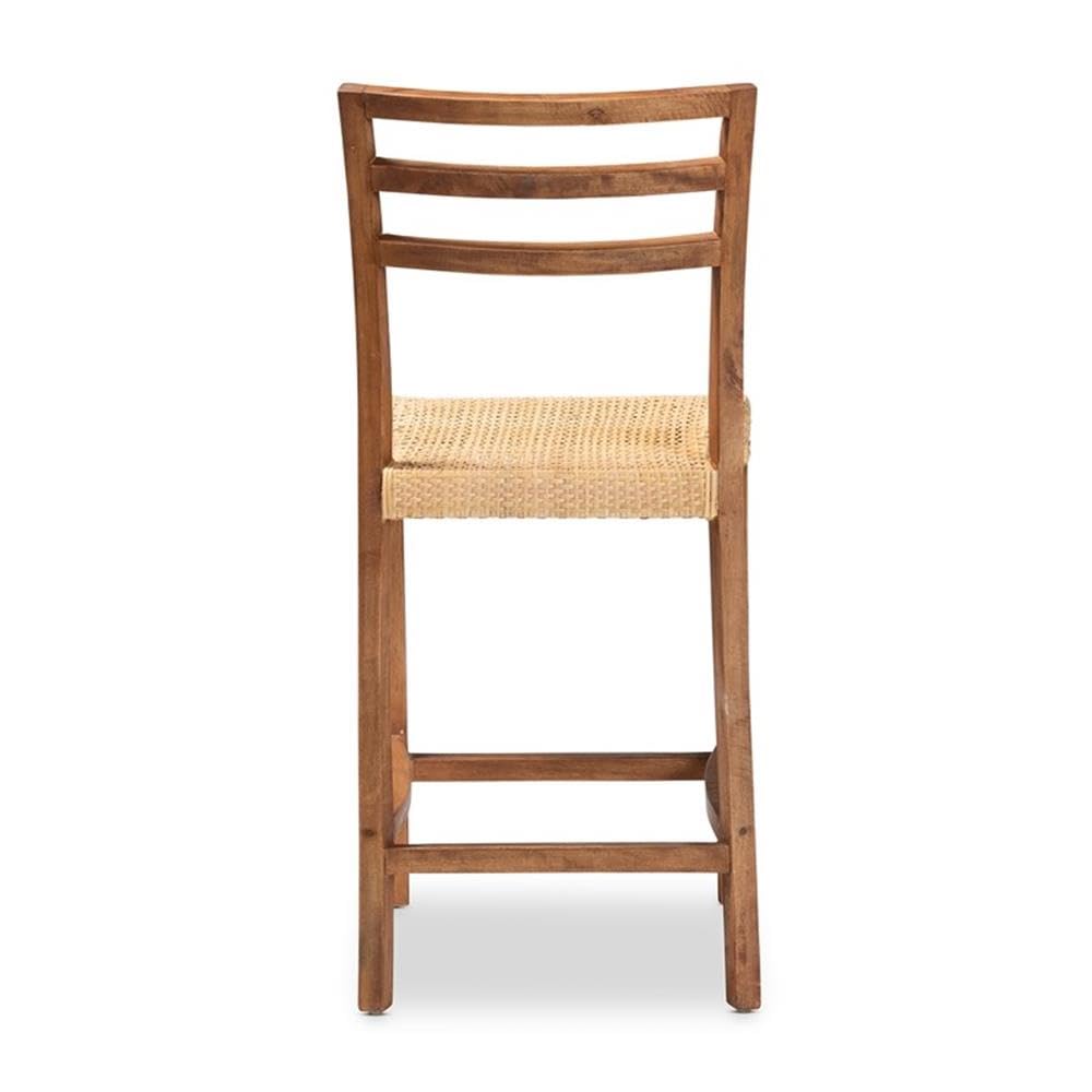 Baxton Studio Arthur Mid-Century Modern Walnut Brown Finished Wood and Natural Rattan Counter Stool