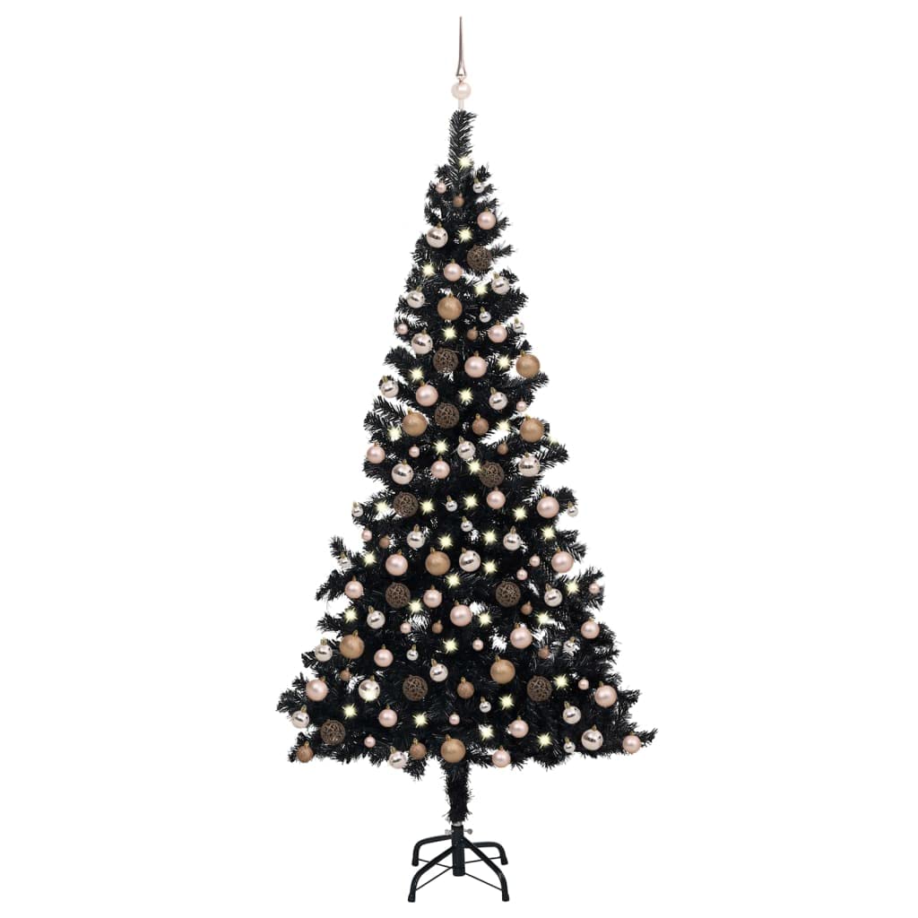 vidaXL Black Artificial Christmas Tree with LEDs and Rose Gold Decorative Ball Set, 82.7-Inch, PVC Material, Reusable, Energy-Efficient – Perfect for Home Holiday Decor