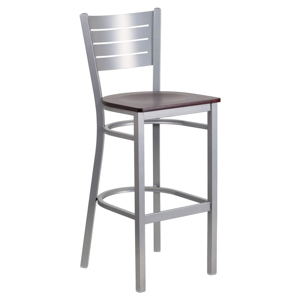 Flash Furniture HERCULES Series Silver Slat Back Metal Restaurant Barstool - Mahogany Wood Seat