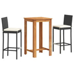 vidaXL 3-Piece Patio Bar Set-Black Poly Rattan & Solid Acacia Wood Table-Square Outdoor Garden Furniture with Cream White Cushions