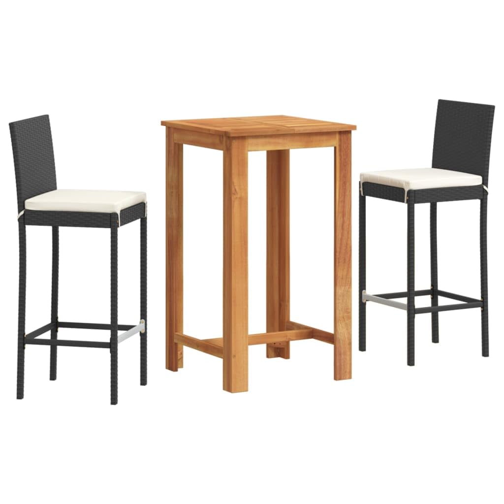 vidaXL 3-Piece Patio Bar Set-Black Poly Rattan & Solid Acacia Wood Table-Square Outdoor Garden Furniture with Cream White Cushions