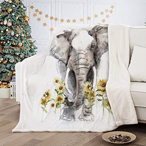 Elephant Blanket Sherpa Fleece Throw Blanket, Sunflower Elephant Gifts For Women Adults, Super Soft Elephant Blankets For Women,