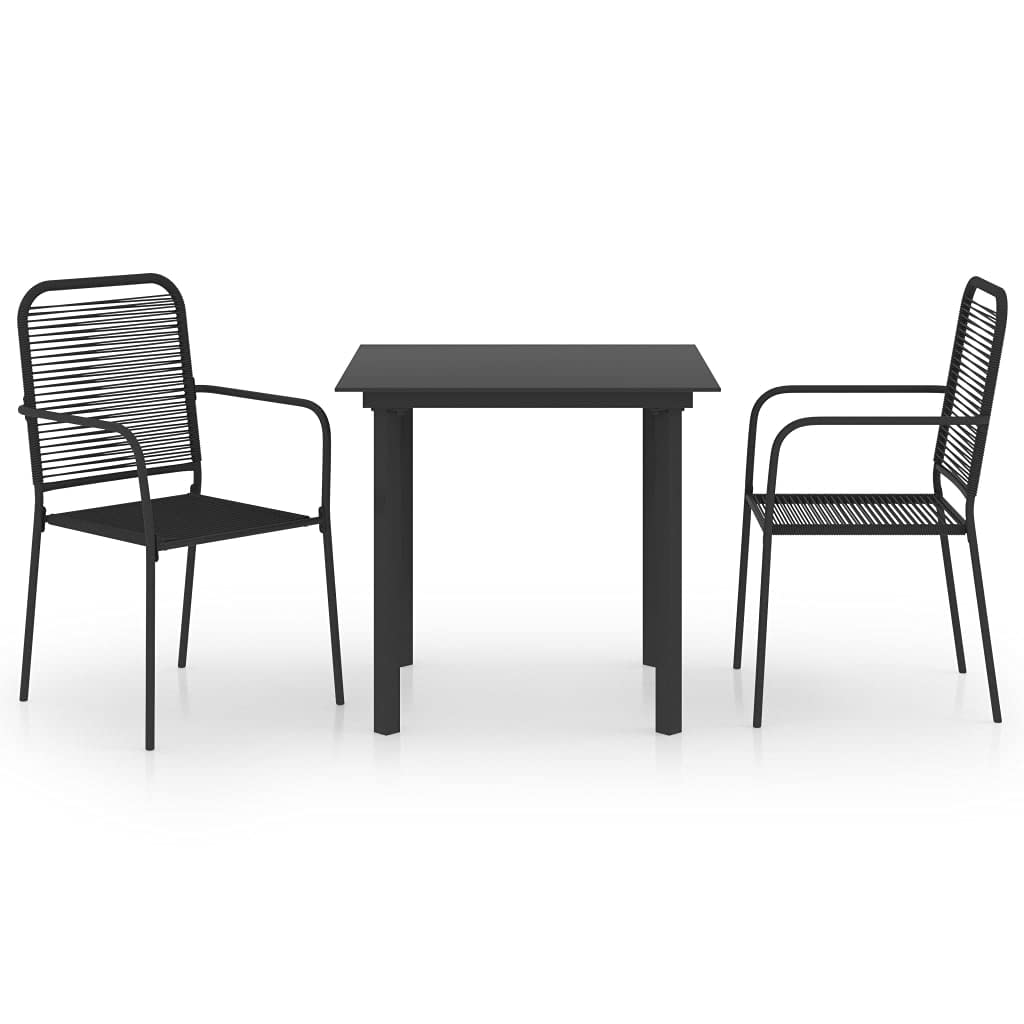 vidaXL Retro Style 3 Piece Patio Dining Set – Powder-Coated Steel Black Glass Table with Cotton Rope Woven Chairs, Durable & UV Resistant, Ideal for Terrace or Garden