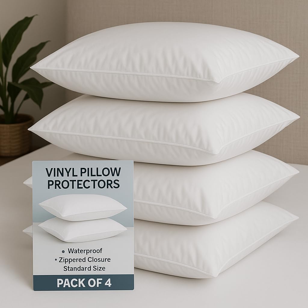 4 Pack Deluxe Zippered Vinyl Pillow Covers - Waterproof Protectors For Longer Lasting Pillows Standard Size 21X27 Ideal For Home