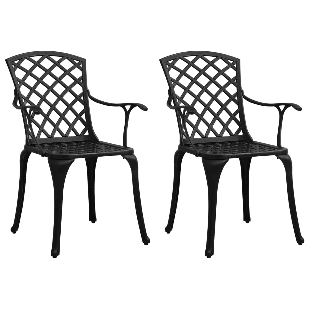 vidaXL Sturdy Patio Chairs Set of 2, Cast Aluminum, Black, Outdoor Dining Chairs with High Backrest, Hollow Design, Weather-Resistant, Ergonomic Armrests