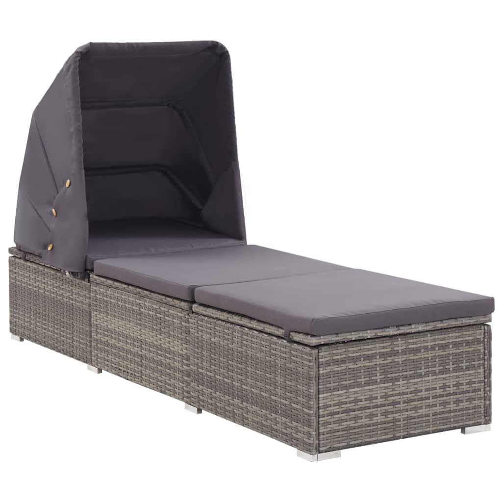 vidaXL Poly Rattan Sun Lounger with Canopy and Cushion - Weather Resistant, Easy-to-Clean Outdoor Lounger with Adjustable Positions and Removable Cushion Cover - Ideal for Patio, Poolside, Balcony...