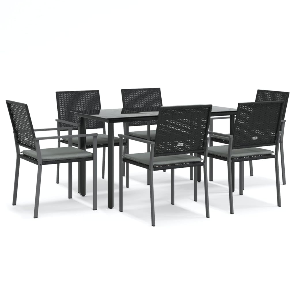 vidaXL - Modern 7-Piece Patio Dining Set with Cushions in Poly Rattan and Steel Frame - Black with Tempered Glass Tabletop and Light Grey Fabric Cushions