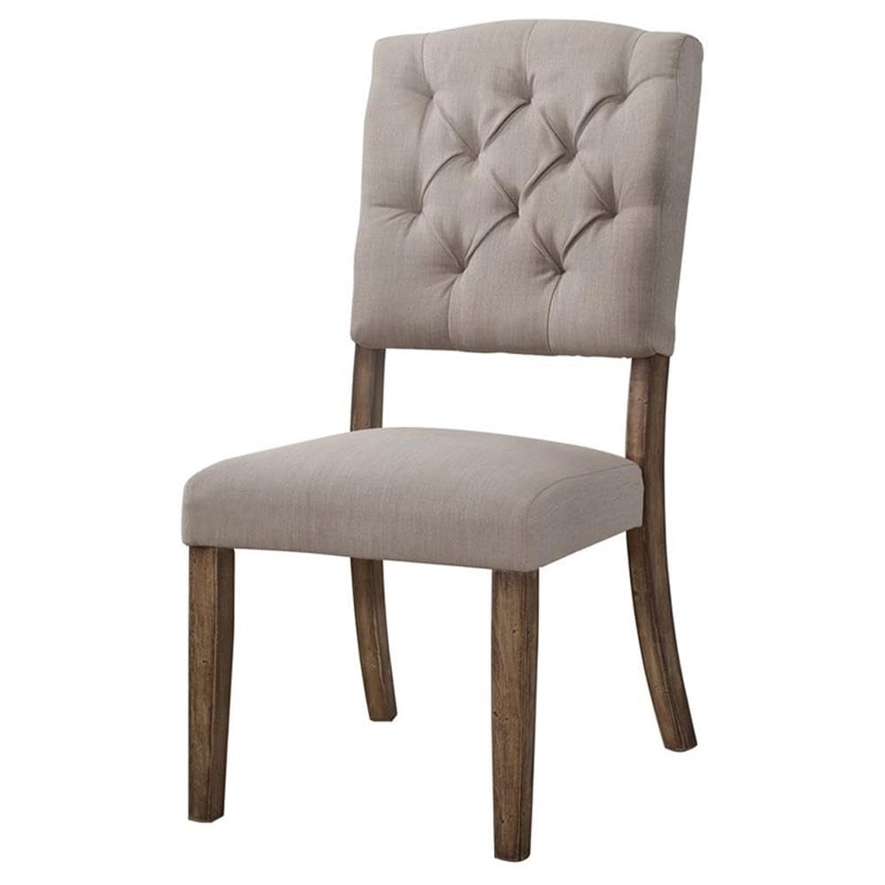 Acme Bernard Line Fabric Tufted Dining Side Chair in Cream and Weathered Oak