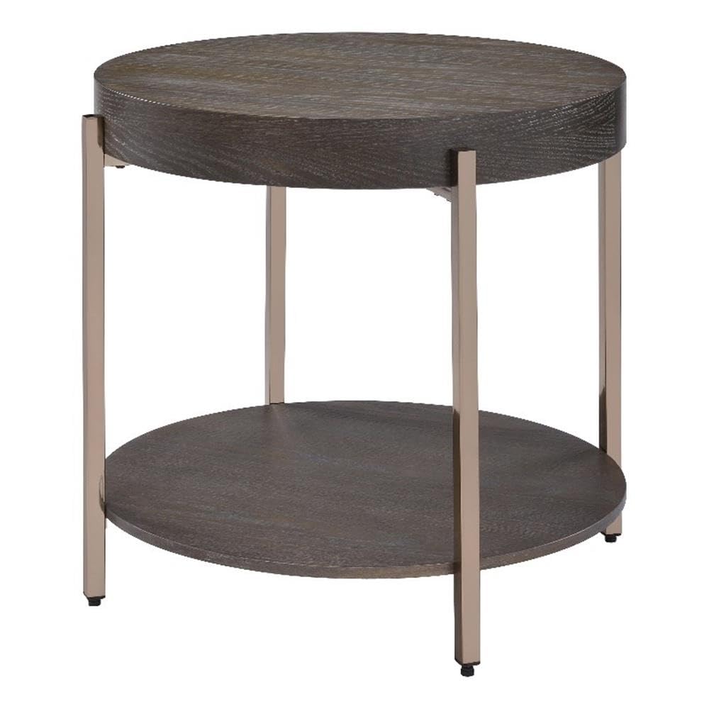 Acme Weyton Round Wood Top End Table in Light Brown and Champagne