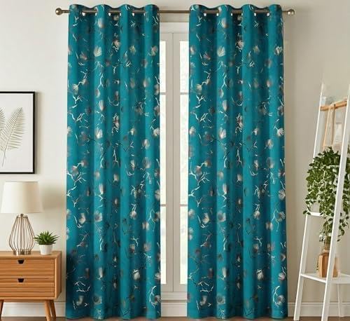 Soulful Creations Heavy Foil Leaf Print Room Darkening Velvet Semi Sheer Grommet Curtain For Home And Offices. (5  Feet (Pack O