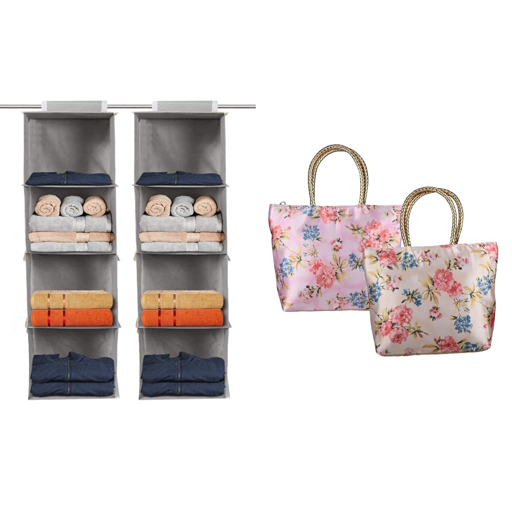 Kuber 4 Shelf Closet Hanging Organizer | Silk Small Hand Bags For Women Stylish With Handle & 1 Outer Zip Pocket
