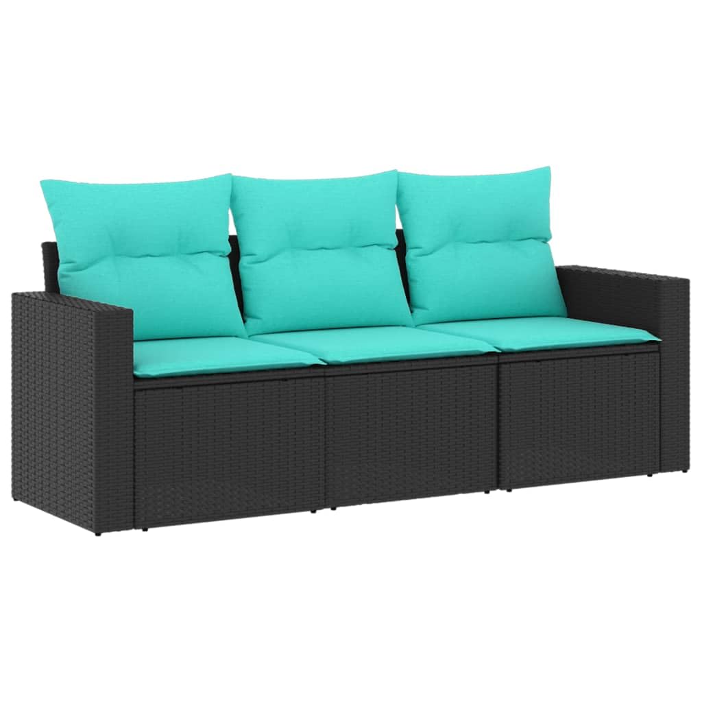 vidaXL Patio Sofa Set with Cushions - 3 Piece Outdoor Furniture, Black PE Rattan with Blue Cushions, Modular Design, Storage Function - Terrace, Deck, Patio