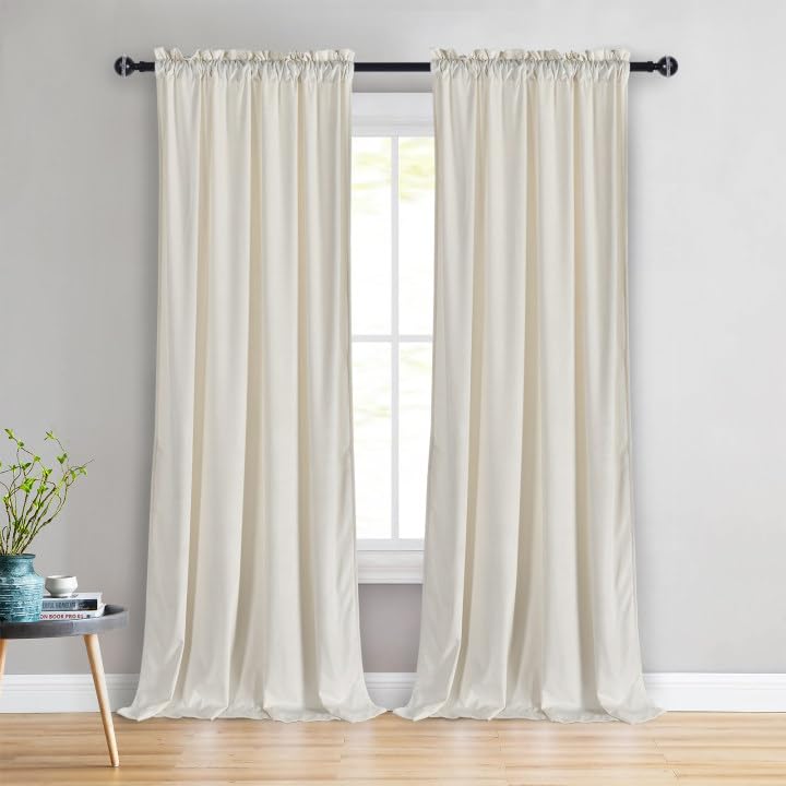 Jiuzhen Ivory Velvet Curtains 96 Inches For Living Room - Thermal Insualted Room Darkening Rod Pocket Thick Velvet Window Drapes