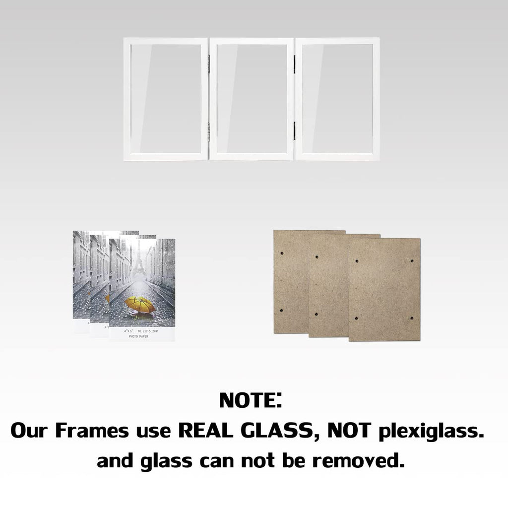 3 Picture Frame 4X6 Triple Hinged Mdf Wood With Glass Front Three Opening Photo Frame Stand Vertical On Tabletop, White