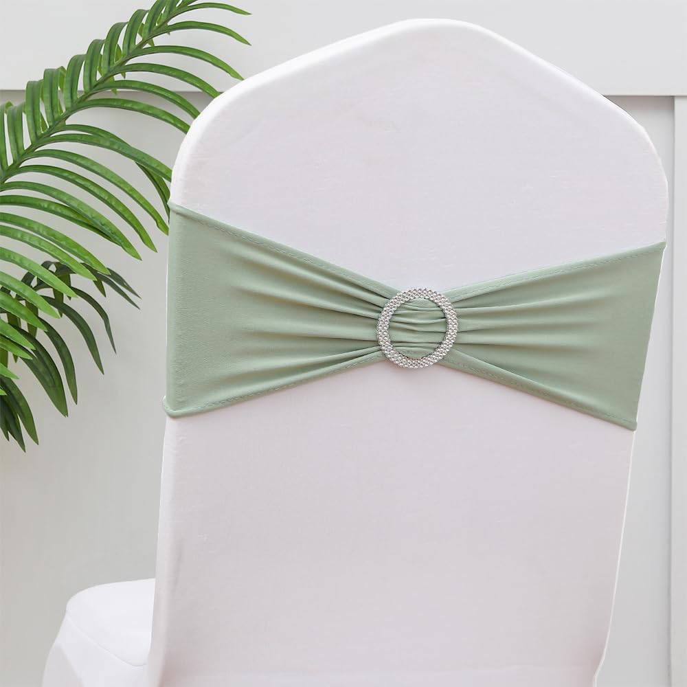 Gankar 50Pcs Sage Green Chair Sashes For Wedding Ceremony, Elastic Chair Bands Bows For Party Banquet Theme Hotel Restaurant Eve