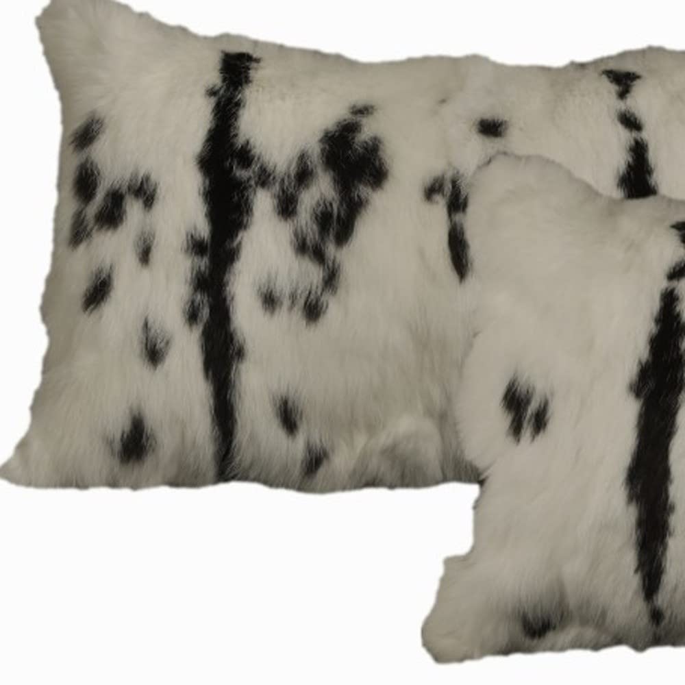 HomeRoots 100% Natural Rabbit Fur and Microsuede Set of Two 12' X 20' Black and White Rabbit Zippered Natural Fur Animal Print Throw Pillows