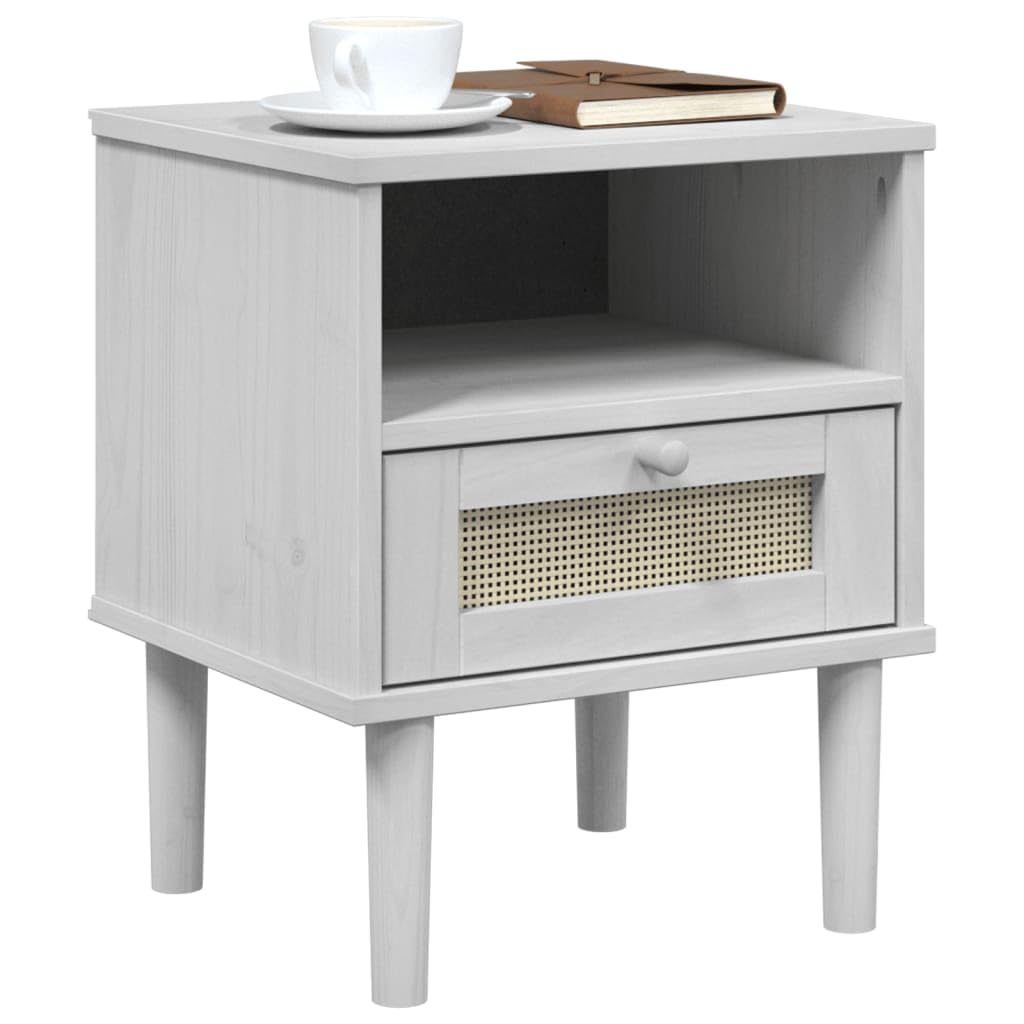 vidaXL Bedside Cabinet SENJA in White - Rattan Look Nightstand - Constructed from Solid Pine Wood with UV Varnish Finish - Ample Storage with Drawer and Compartment