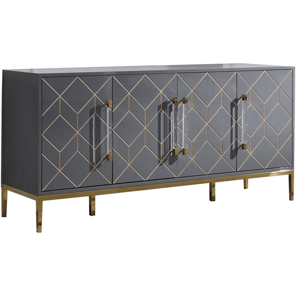 Best Master Furniture Thorne High Gloss Lacquer Sideboard/Buffet With Gold Trim, Grey