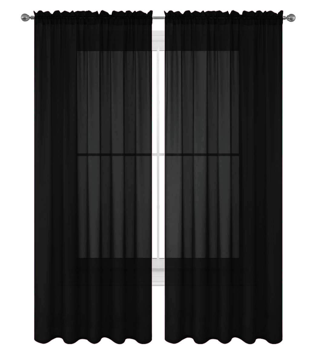 Decotex 2 Piece Solid Elegant Sheer Curtains Fully Stitched Panels Window Treatment Drape (54' X 95', Black)