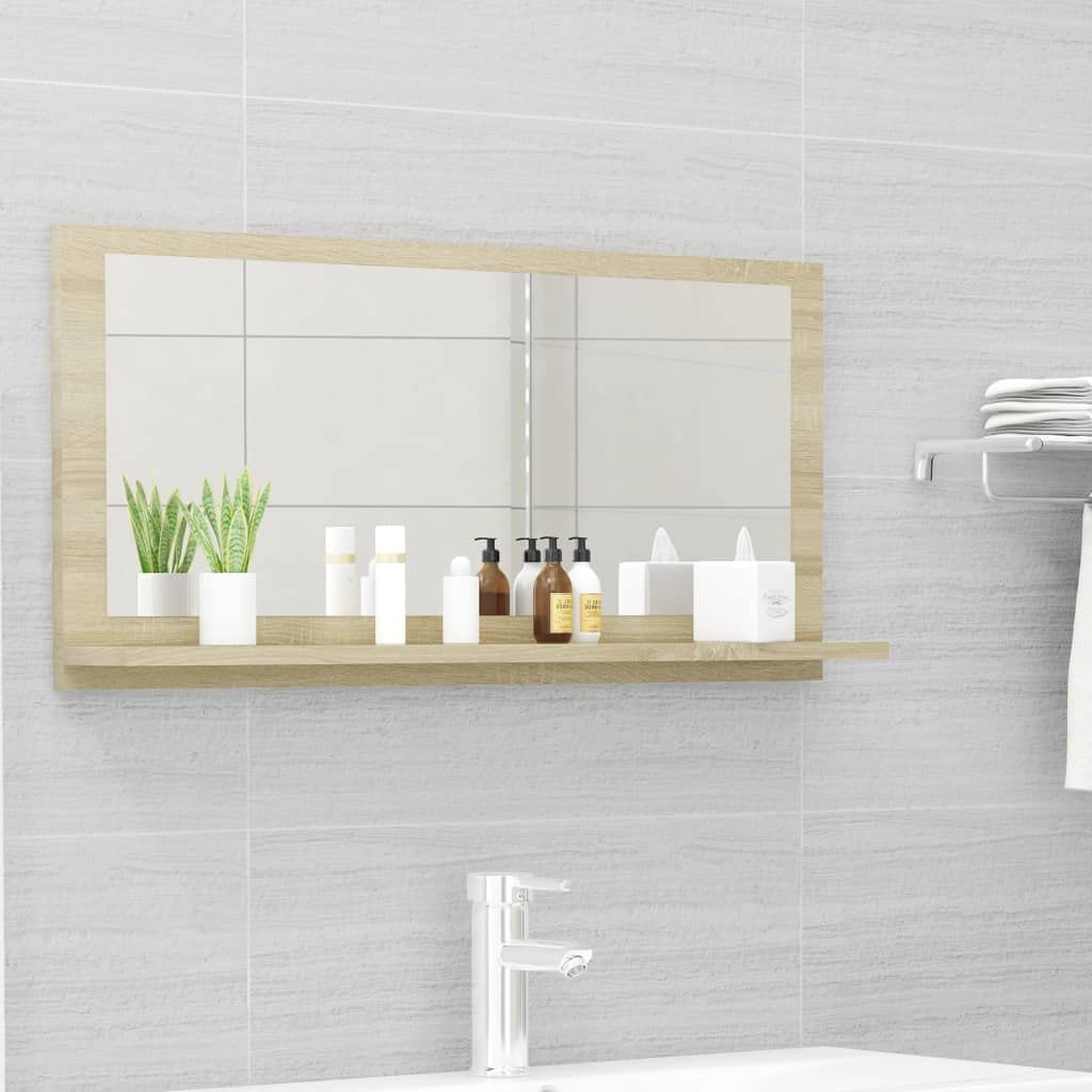 vidaXL Sonoma Oak Bathroom Mirror with Shelf - Modern Style, Engineered Wood and Acrylic, Easy to Clean, 31.5&quot;x4.1&quot;x14.6&quot; Dimension