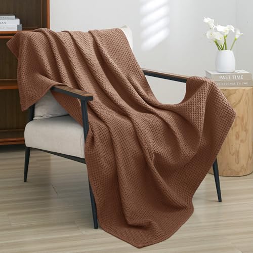 Phf 100% Cotton Waffle Weave Throw Blanket 50' X 60'-Lightweight Washed Soft Breathable Blanket For Adults And Kids-Perfect Blanket Layer For Couch Bed Sofa-Elegant Home Decoration - Cappuccino