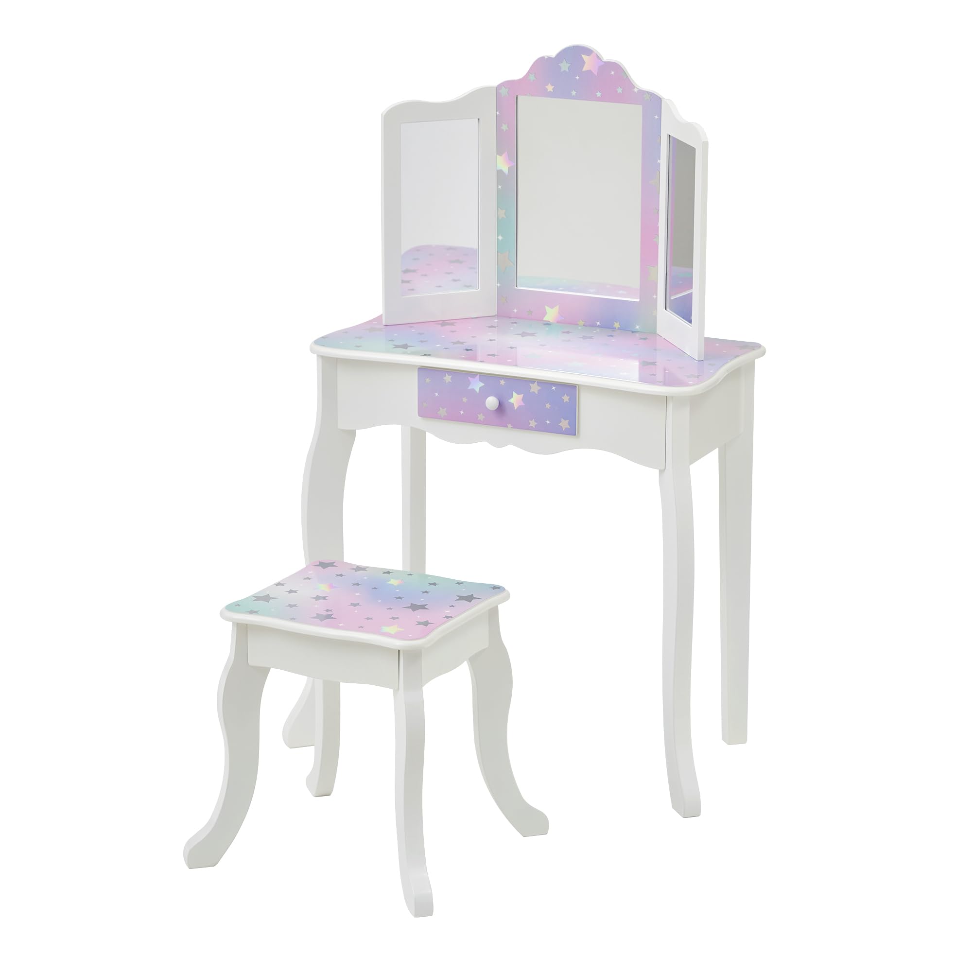 Teamson Kids Princess Gisele Starry Sky Print 2-Piece Kids Wooden Play Vanity Set with Vanity Table, Tri-Fold Mirror, Storage Dr