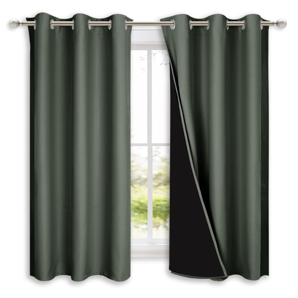 Nicetown Dark Mallard 100% Blackout Lined Curtains, 2 Thick Layers Completely Blackout Window Treatment Panels Thermal Insulated Drapes For Kitchen (1 Pair, 42' Width X 63' Length Each Panel)
